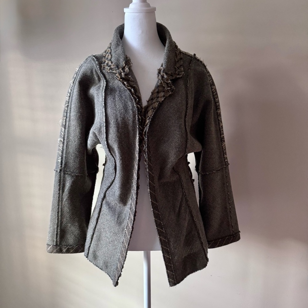 Gregory Parkinson Wool Herringbone Jacket Raw Edge Boho Open Front V Weave